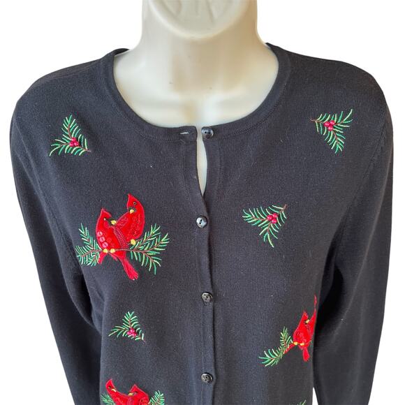 Croft & Barrow Tight Knit Button Front Holiday Cardinal Sweater Black Womens S - Picture 2 of 9